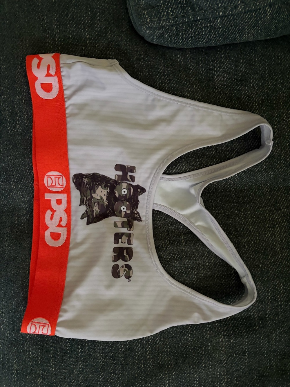 PSD White Sports Bra with Orange Band and Cartoon Graphic hooters
